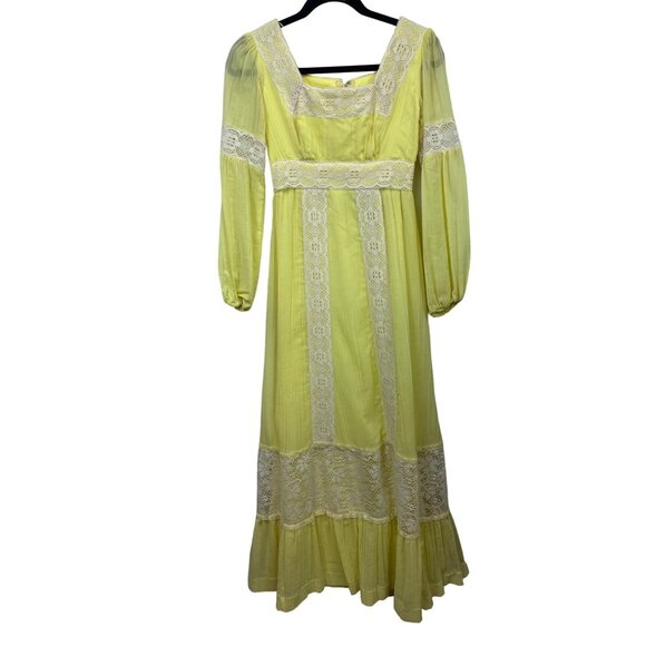 Vintage1970s Yellow Swiss Dot Prairie Embroidered Collar Boho Maxi Dress Sz XS - Picture 1 of 4
